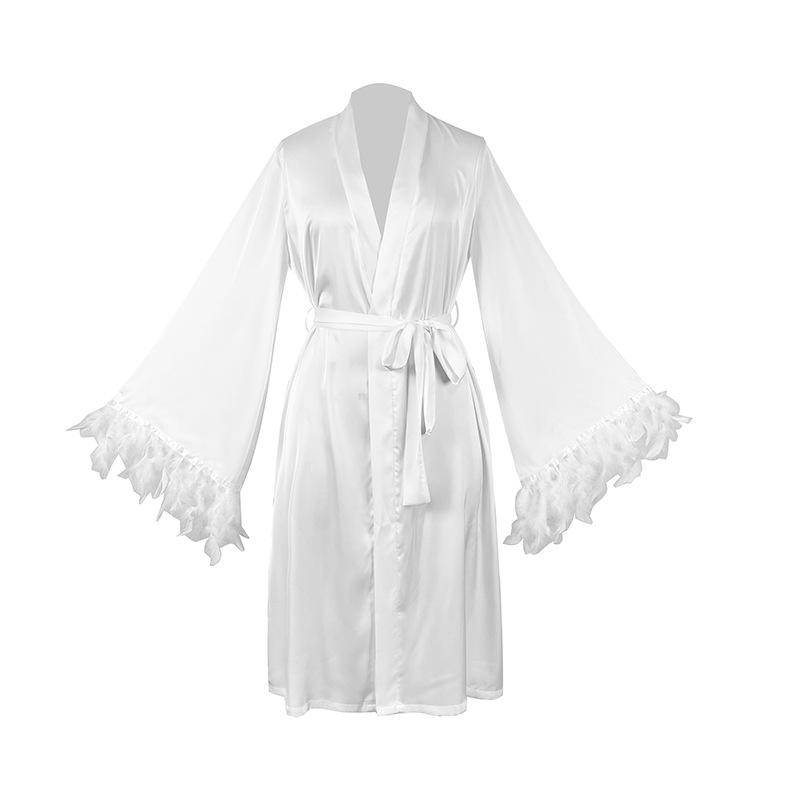 Elegant Satin Feather Sleeve Multi-color V-neck Tie-up Pajama Robe 942