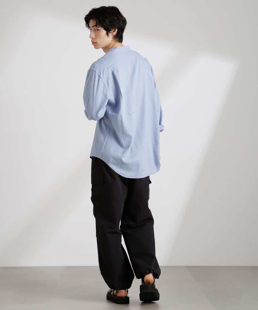 Nano Universe Anti-Smell Linen Band Collar Long Sleeve Shirt, Men's, Size S (115cm), Sax (Product Code: 672-5120208)