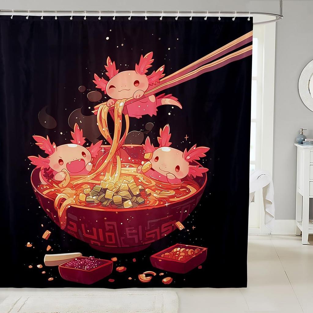 Ramen Noodle Shower Curtain Set Bathroom Decor for Kids Girls Boys,Japanese Style Bathroom Set Funny Food Fabric Shower Curtain