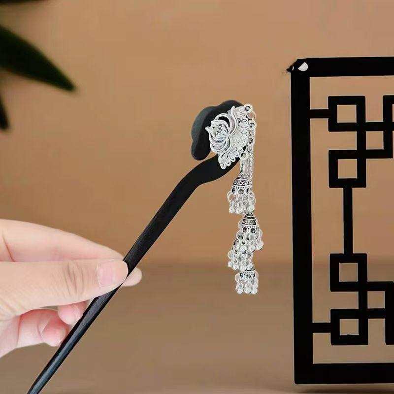 Miao Jiang Goddess: Tassel Hairpin with Bells and Ring - Ancient Silver Style Inspired by Miao Ethnic Design