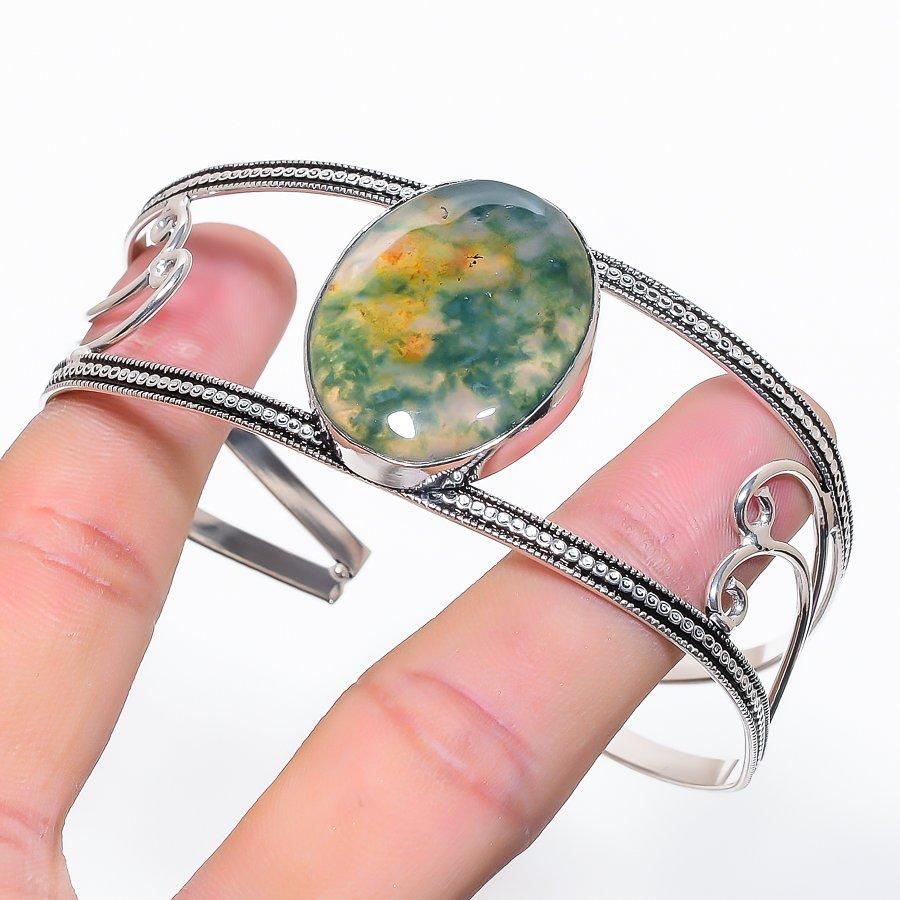 Natural Indian Moss Agate Gemstone 925 Sterling Silver Cuff Bangle Adj n8t30