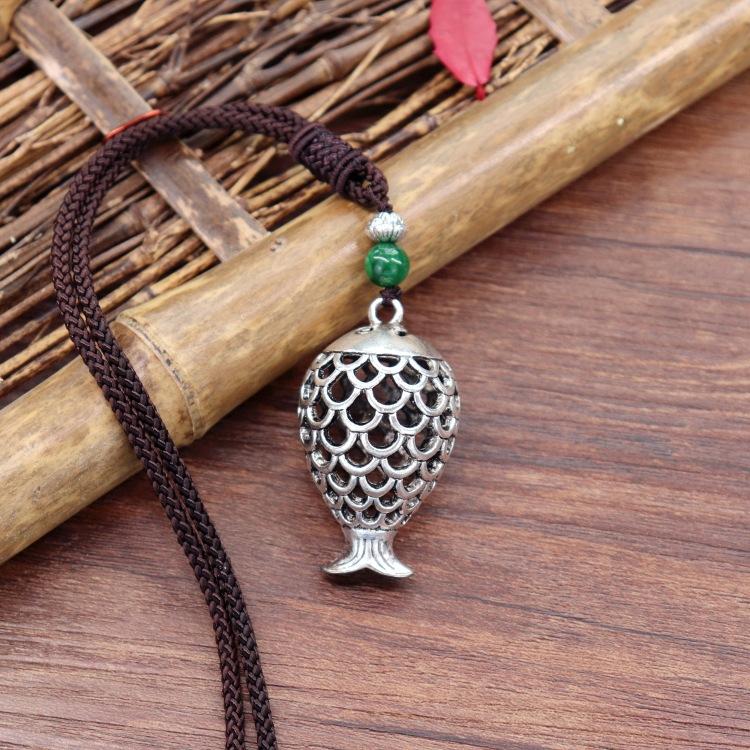 Handmade Retro Cotton and Linen Tibetan Silver Pendant Necklace Medium and Long Flower Versatile Sweater Chain Women's Simple Accessories