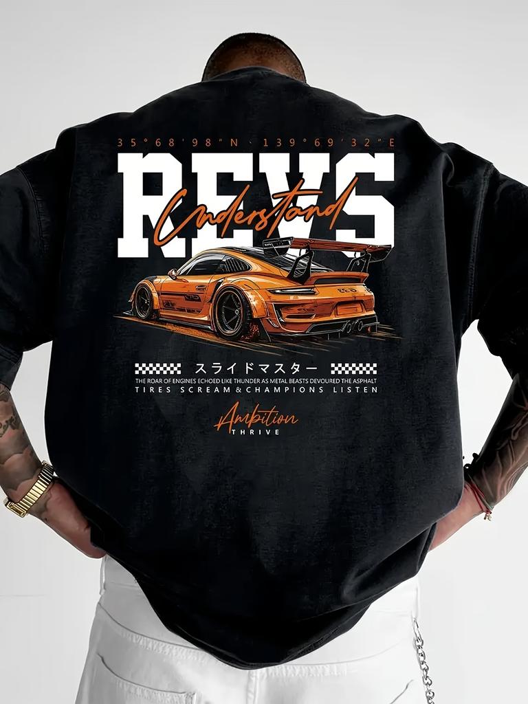 Orange Sports Car Graphic with REVS Text Print on Premium Soft Men T Shirt Perfect for Summer Urban Streetwear Style