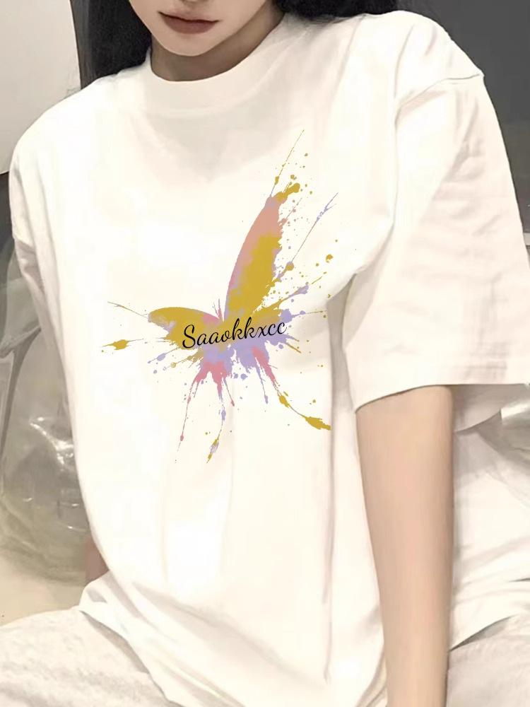 Women's Loose Fit White Cotton Shoulder T-Shirt - Summer 2025 American Style