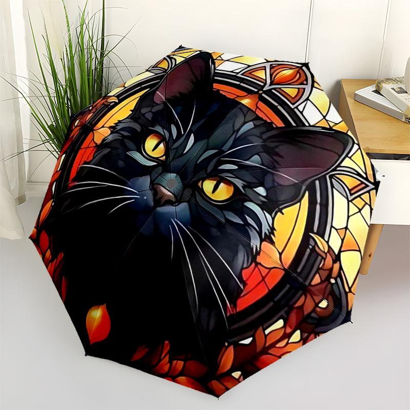 1pc Stained Glass Cat Design Automatic Folding Umbrella - Portable 3-Fold Design with 8-Bone Iron Frame, Outdoor for Fans, Travelers, Daily Use, Festi