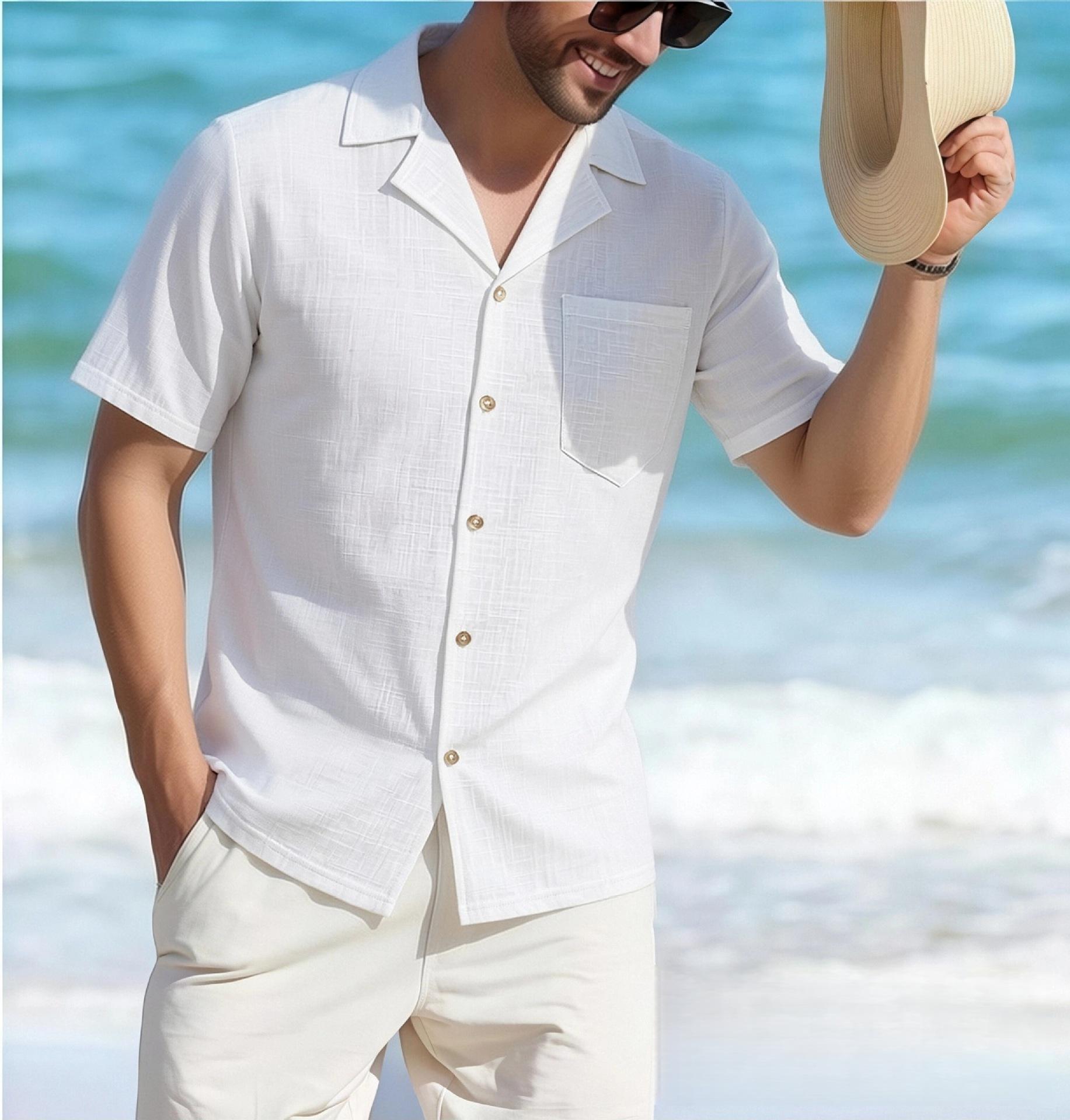 Mens Casual Loose Lapel Short Sleeve Solid Linen Blend Button Up Shirt M