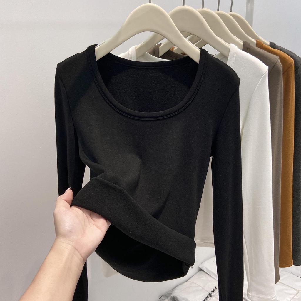 "2025 Autumn/Winter U-neck Thin Fleece Women's Long-sleeved Top: European Style with Exposed Collarbones”
