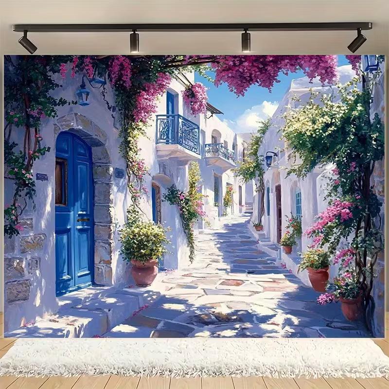 Greek Island Village Backdrop White Blue Building Blooming Flowers Background for Photoshoot
