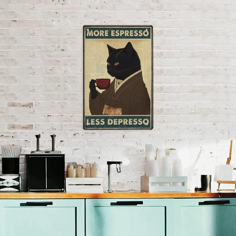 Vintage Black Cat Coffee Poster More Espresso Less Depresso Wall Sign Novelty Metal Tin Sign Home Vintage Art Decor Iron Painting 8X12 Inch