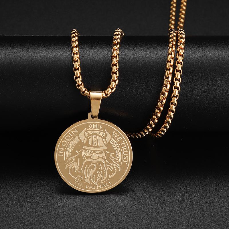 Stainless Steel Personality Simple Odin Viking Pendant European and American Fashion Medals Mens Necklace