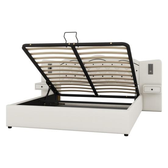 180x200cm Flat Bed, Upholstered Bed, Integrated Headboard, Hydraulic Lifting Mechanism, USB Connection, Two Bedside Lamps, Large Storage Space, Grey,