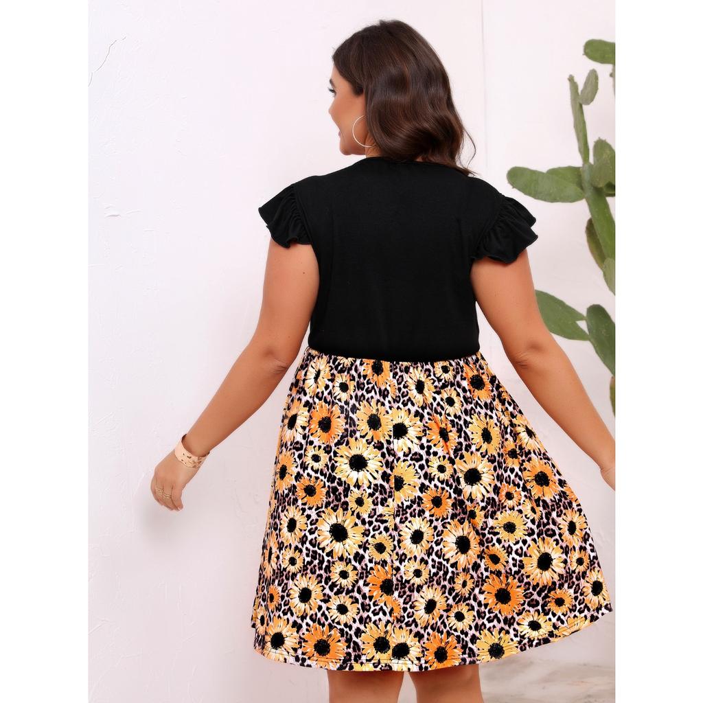 QICED Plus-size Women's Summer Dress Small Daisy Print Patchwork Sleeveless Vest Dress