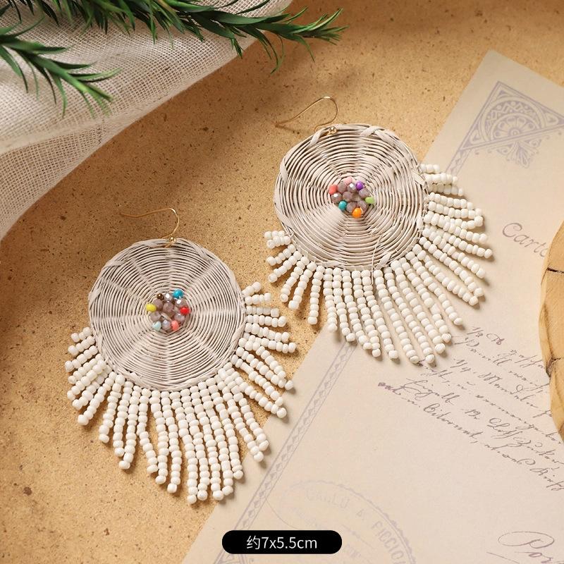 Original design bohemian earrings handmade rattan long tassel women's retro niche vacation earrings