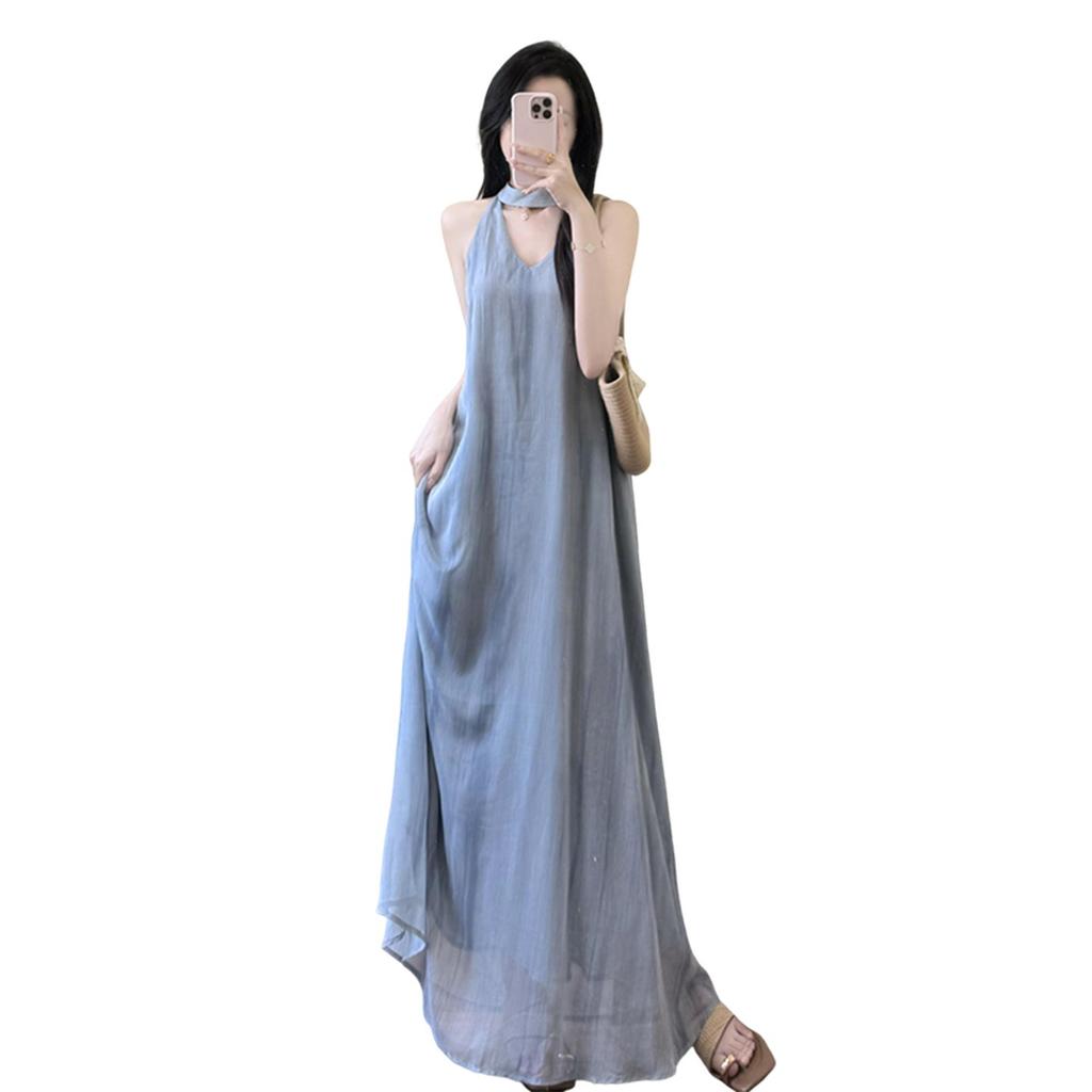 New Lazy Wind French Blue Sleeveless Suspender Dress Children's Summer Seaside Vacation Fairy Dress