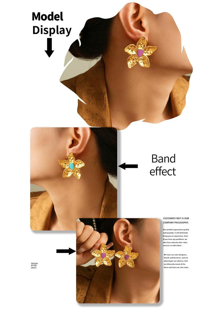 18K Gold-Plated Retro Flower Earrings: European & American Style, Exaggerated Stainless Steel Design for Women