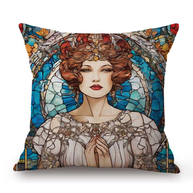 Nouveau Art Mucha Style Stained Glass Eleglant Lady Divine Witch Retro Decoration Art Sofa Pillow Case Linen Cushion Cover