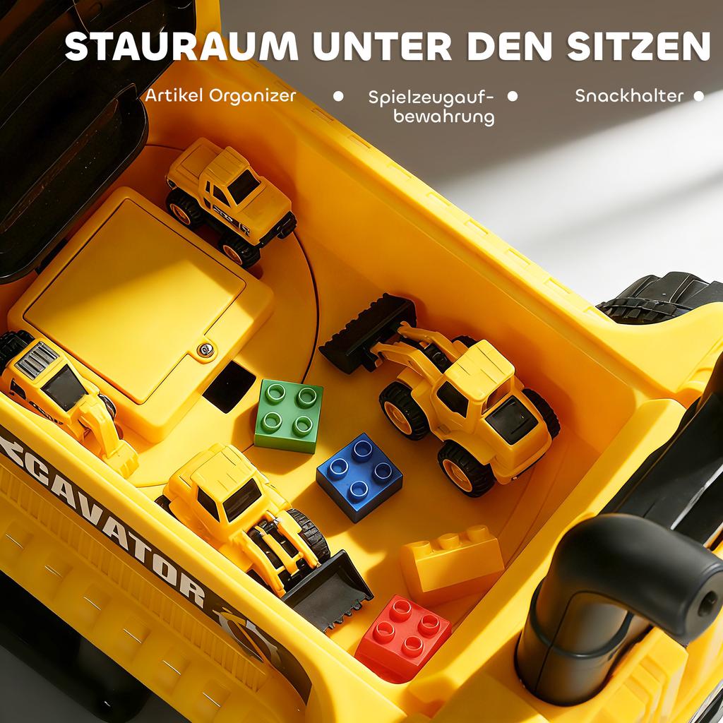 Ride-On Digger Excavator with Shovel, Steering Wheel, Rotatable Body, Adjustable Backrest, for Kids 1.5-3 Years, Yellow
