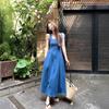 Spring and Summer Niche Design Sense Waist Temperament Suspender Long Dress Women's Blue Mist Love French Denim Dress Women