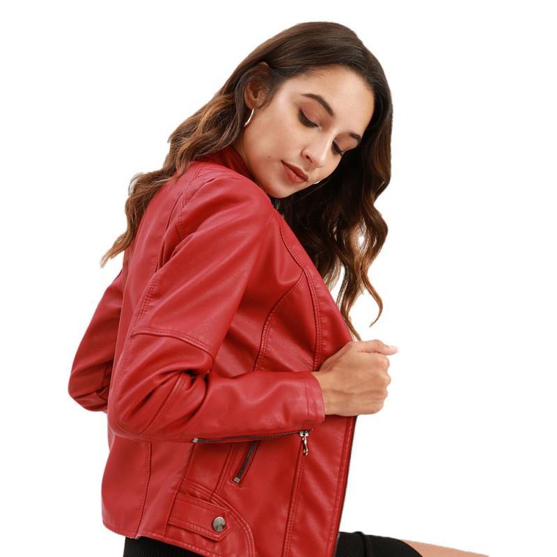 Damen Schlanke Passform PU Lederjacke Stehkragen Motorrad Stil Oberbekleidung Leicht