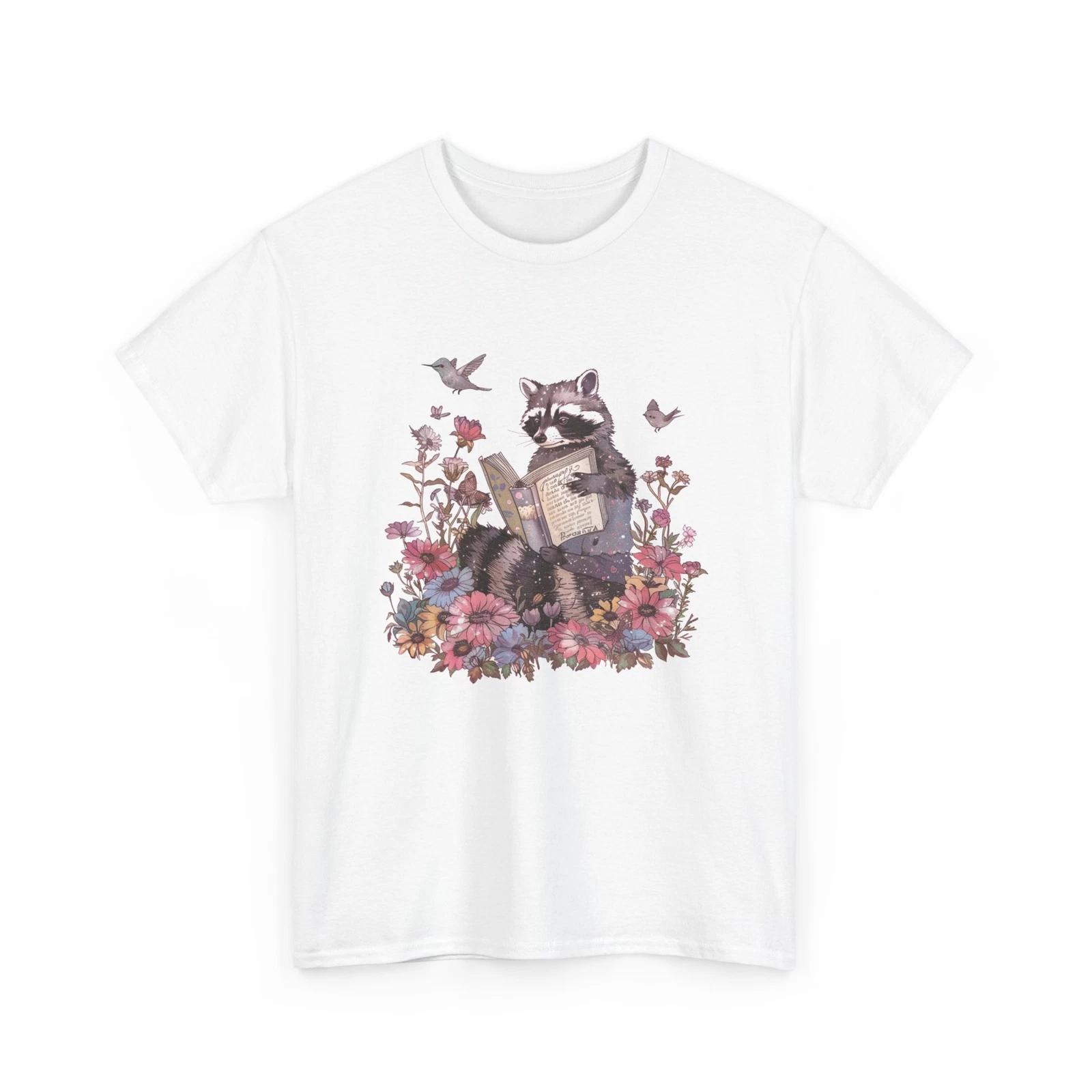 Boho Floral Raccoon Reading Book T-Shirt Whimsical Book Lover Shirt 2XL