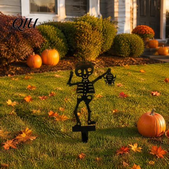 Garden Stakes for Flower Beds Halloween Skeleton Stake, Metal with Bat Spider Yard Art Fun Lawn Ornaments Black Silhouette Decoration Bed Shaped