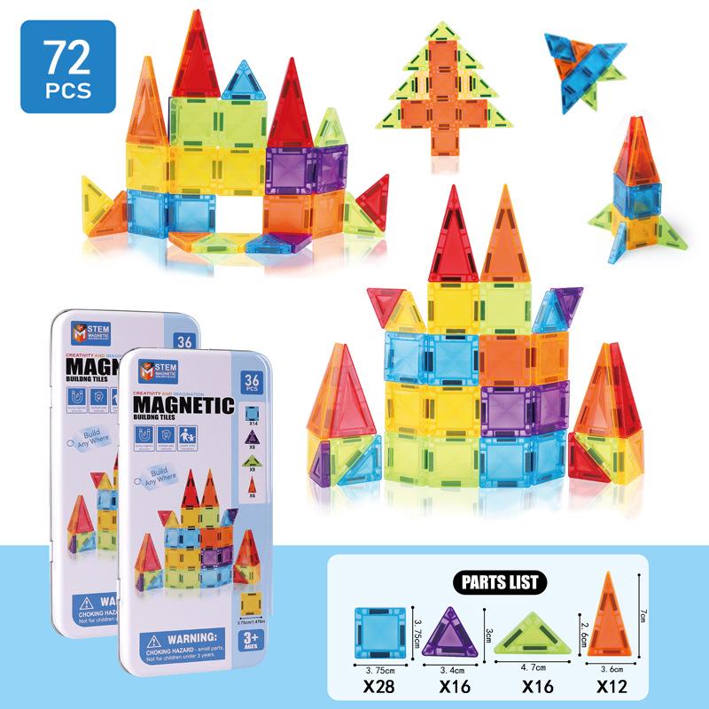 Portable Children's Magnetic Tile Puzzle Toy – Stained Glass Magnetic Building Set in Iron Box