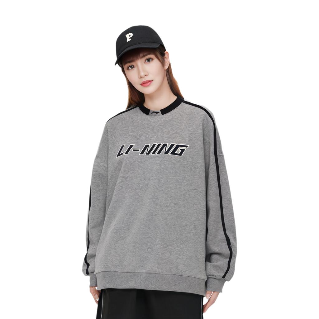 Li-Ning New Loose Fit Round Neck Pullover Sweatshirt With Embroidery Print Unisex Sweatshirt Gray YWDT541-3