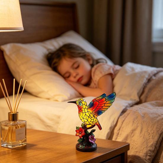 Handmade Stained Glass Bird Night Light, Hummingbird Floral Table Lamp, Vintage Resin Decorative Bedside Lamp for Bedroom, Living Room, Nursery