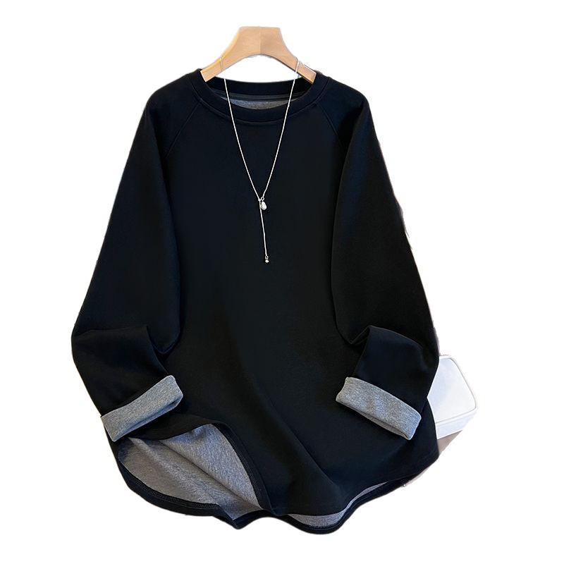 Plus Size Velvet Patchwork Long Sleeve Top: Korean Style Color Block, Slimming, Warm Base Layer for Autumn/Winter