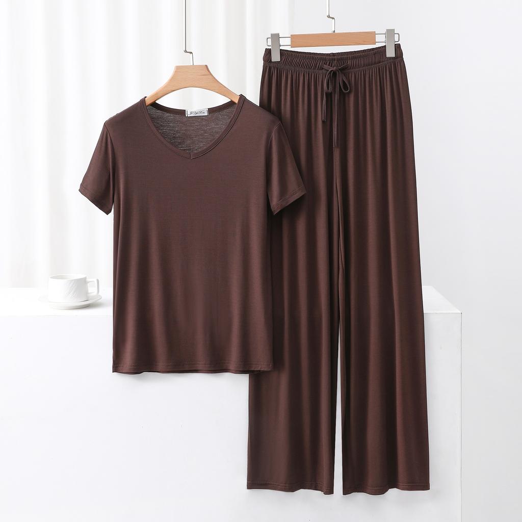 Ensemble Tenue de Sport pour Femme à Col en V Manches Courtes Blocs de Couleurs Pantalon Large