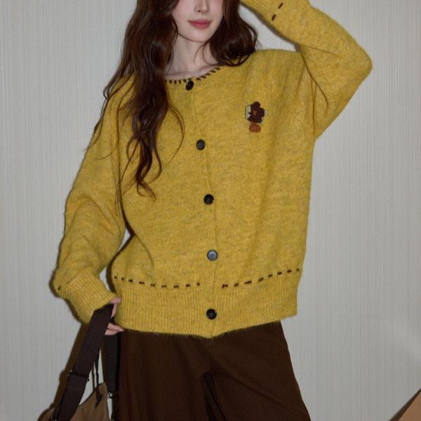 Women's Yellow Wool Knitted Cardigan - Winter Thick, Loose, High-Grade Sweater Coat