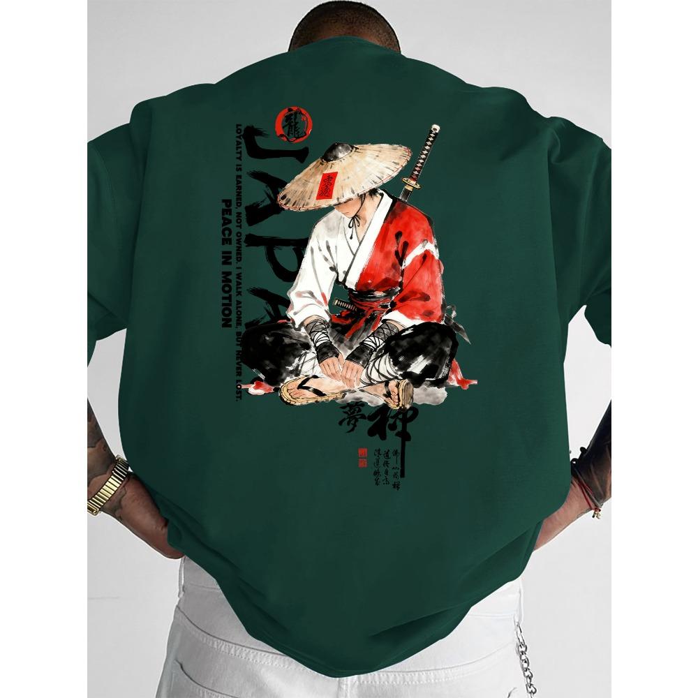 Men's Cotton Loose-fitting T-shirt with Japanese Samurai Print Street Style Casual Daily Wear Top