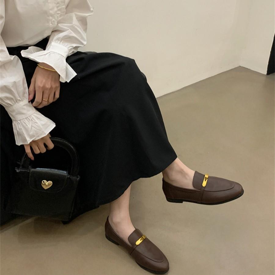 Spring British small leather shoes women's flat bottom round head low heel single shoes one pedal Doudou soft sole loafers 2025
