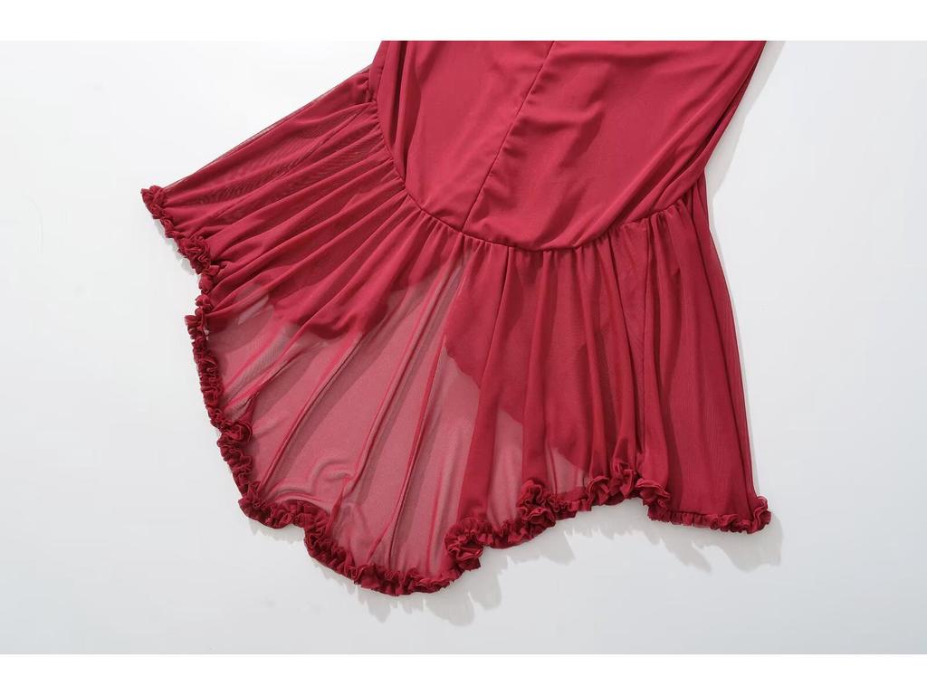 2025 Spring Women's European & American Slim Mesh Irregular Long Dress
