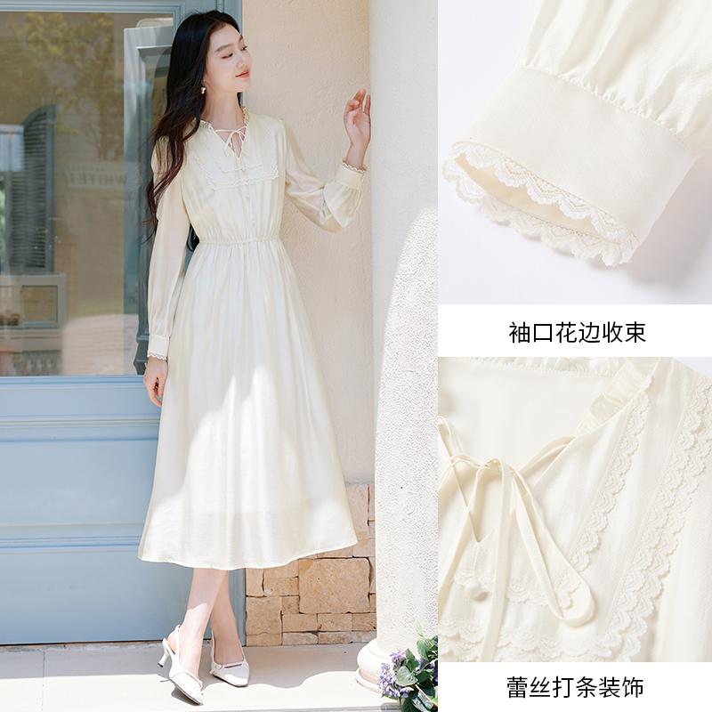 French fungus edge waist cinched V-neck dress