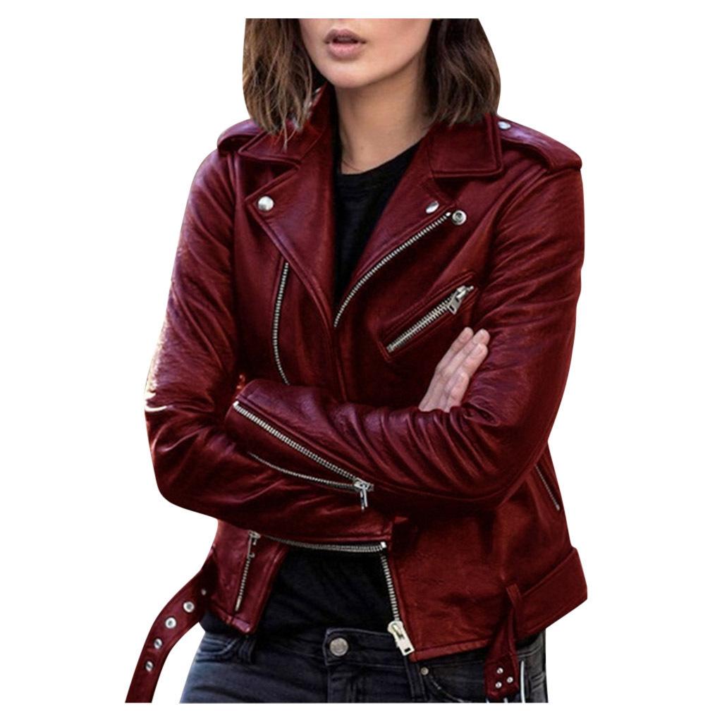 

Spring and autumn plus size women s short leather jacket motorcycle clothing slim winter jacket pu leather jacket women 5XL бордовий