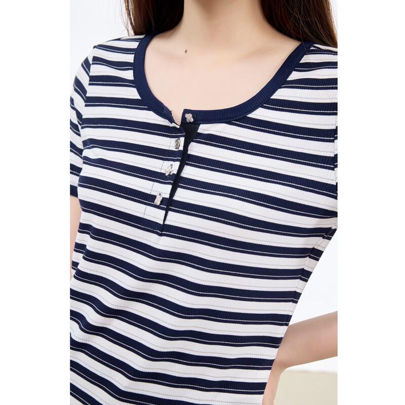 Qiusui Yiren Women's Color-block Striped Knit T-shirt