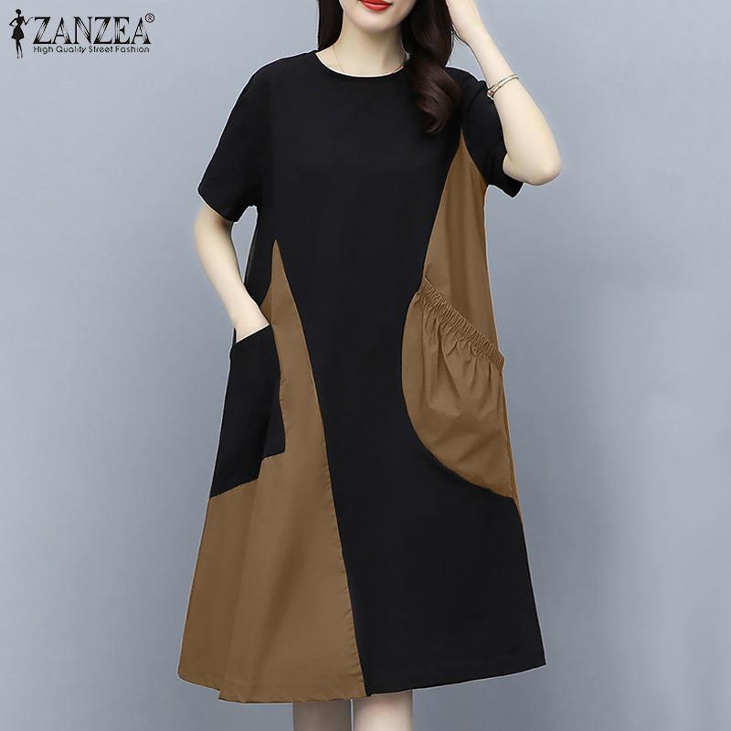 ZANZEA Women Casual O-neck Short Sleeve Summer Patchwork Dress