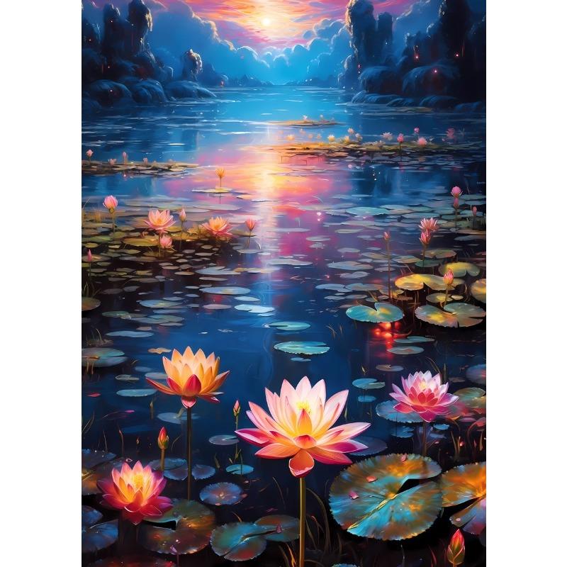 Vintage Scenery Flowers Summer Lotus Lotus Lotus Leaf Moonlight Poster Canvas Painting Wall Art Pictures Home Decor