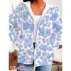 Damen Kapuzenpullover mit Reißverschluss, frischem blauem Blumenprint, große Größe