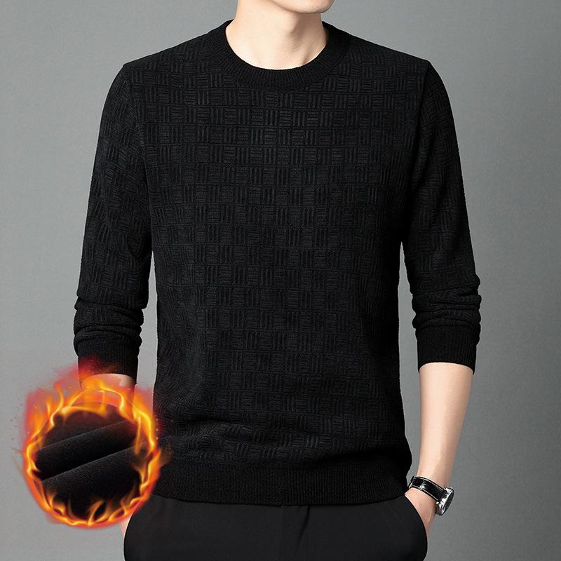 

Men s Fleece-lined Jacquard Sweater - Winter Warmth, Round Neck Solid Color Knitwear. L