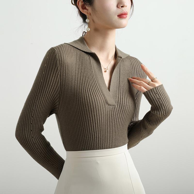 Ladies Autumn Winter Long Sleeve Polo Collar Casual Basic Solid Color Pullover Knitted T Shirt Top for Layering