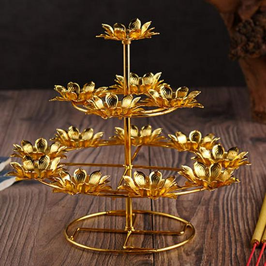 Buddhist Ghee Lamp Holder - Seven Stars Oil Lamp with Lotus Design for Temple Offerings and Everlasting Candle Display.