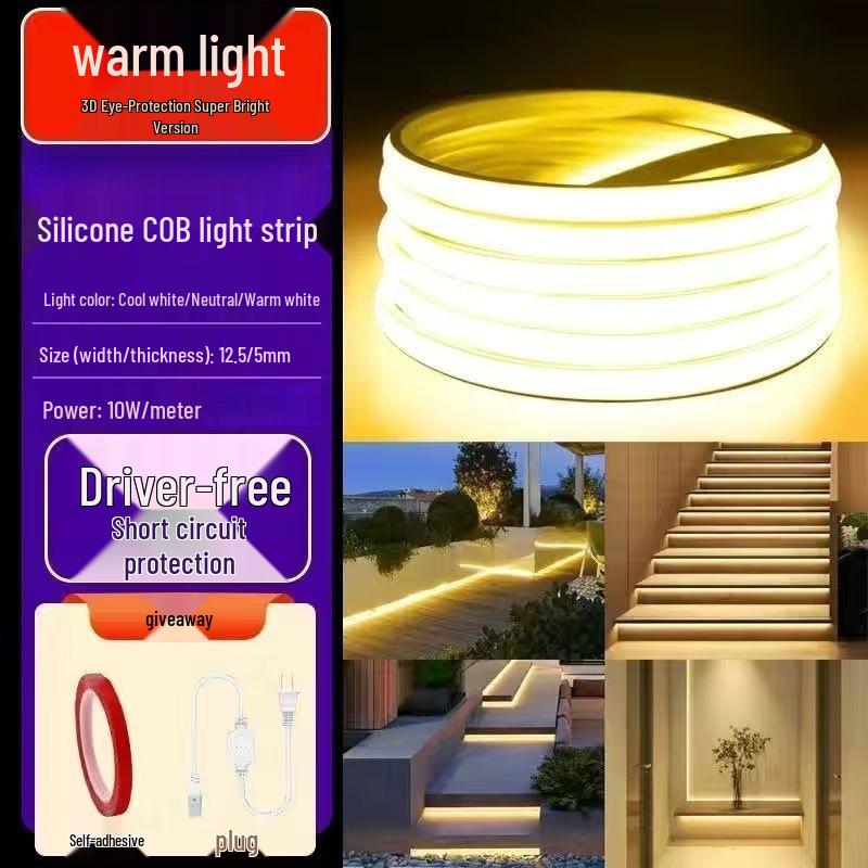 

220V Ultra-Bright Silicone Adhesive COB LED Strip: Waterproof, Flexible Ceiling Light for Indoor/Outdoor Use No spots, no dark areas + Warm white