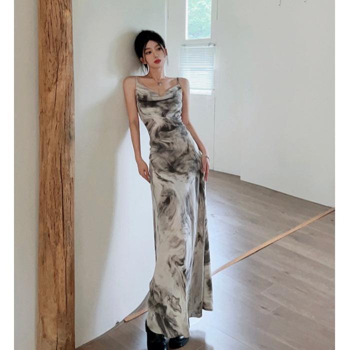 Retro Ink Painting Sleeveless Suspender Dress Female Summer Royal Sister Light and Familiar Wind Swing Collar Sexy Hip Fish Tail Dress