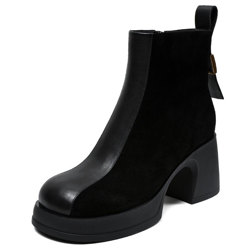 Johnature Stivali alla moda con tacco alto per donna, stivali Chelsea in vera pelle con tacco spesso e bassi in pelle di mucca