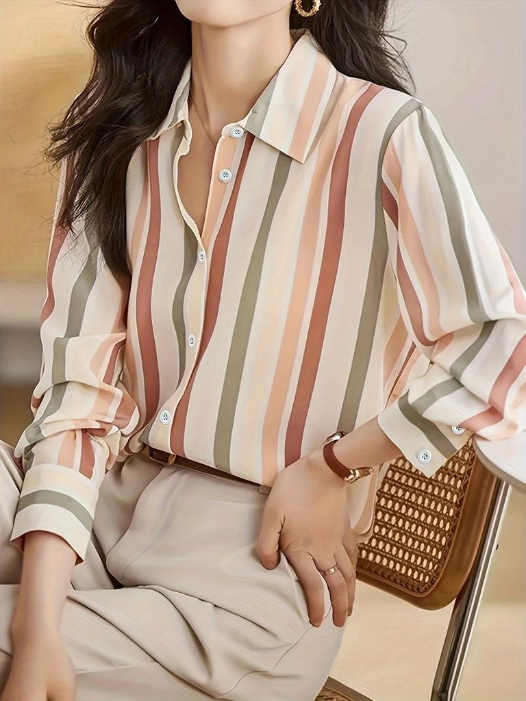 Ladies' Temperament Lapel Contrast Stripe Print Shirt
