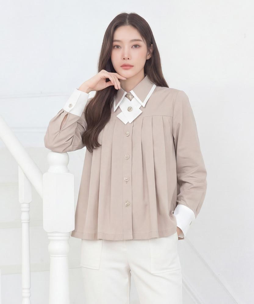 LBYL White Collar Beige Cotton Pleated Blouse
