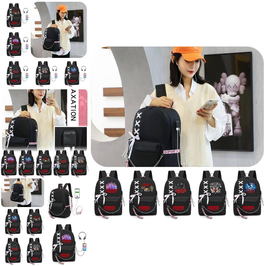 Stilvoller Stranger Things Rucksack mit USB-Ladeanschluss 20-35l Fassungsvermögen Oxford-Stoffmaterial
