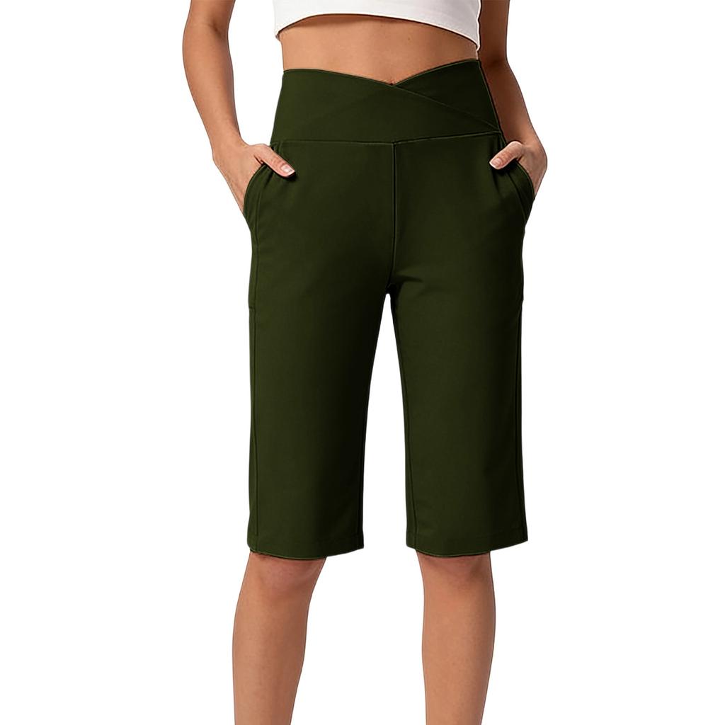 Women's Fashion Solid Color Pocket Fitness Yoga Bermuda Shorts Casual Five Point Pants with High Waist Stretch Fabric